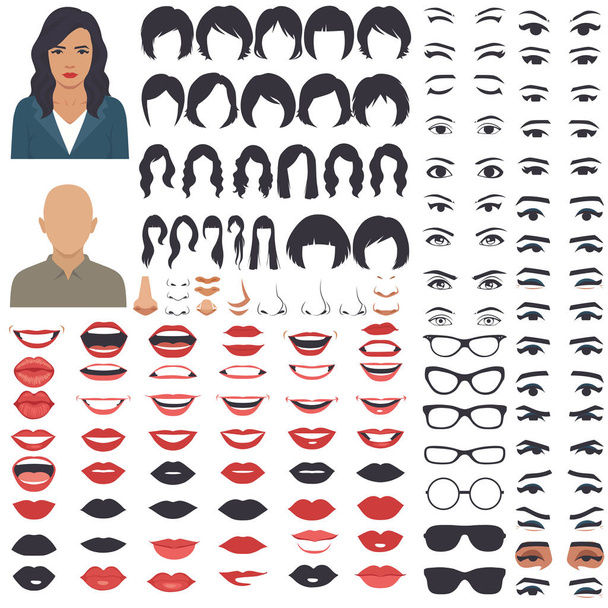  Векторні ілюстрації жіночих частин обличчя, голови персонажа, очей, рота, губ, волосся та брів набір значків
 - Вектор, зображення