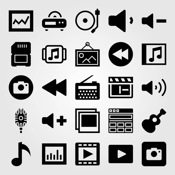 Multimedia icon set vector. musical note, music player, analytics and guitar - Vektori, kuva