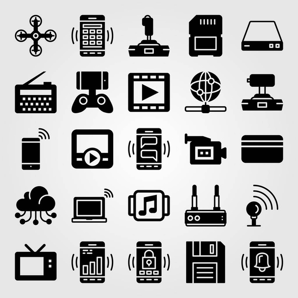 Technology icon set vector. doskette, video camera, music player and movie player - Vector, afbeelding