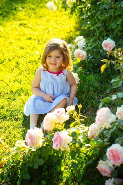 Baby girl with cute smile sitting on green grass - Valokuva, kuva