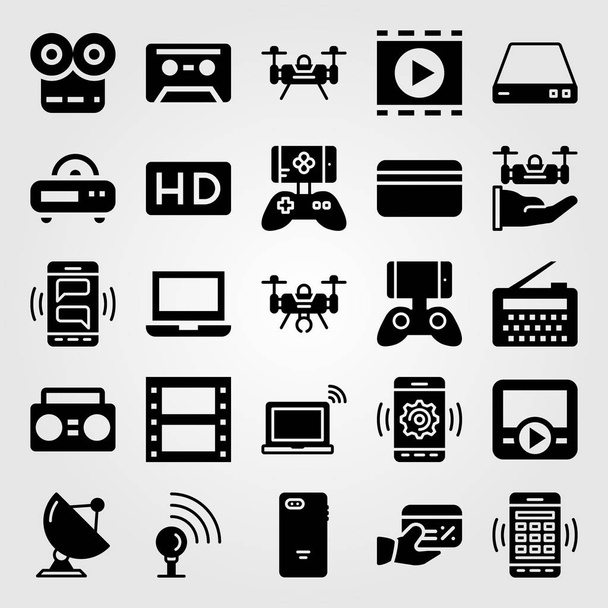 Technology vector icon set. radio, laptop, drone and credit card - Вектор,изображение