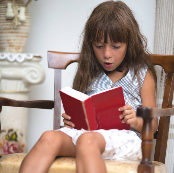 Kitap okuyan sevimli küçük bir kız. - Fotoğraf, Görsel