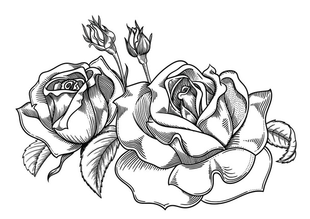 Ilustración vectorial de flores.Flores detalladas en estilo boceto en blanco y negro. Elegante decoración floral para diseño.Los elementos de composición se separan en cada grupo. Aislado sobre fondo blanco
 - Vector, imagen