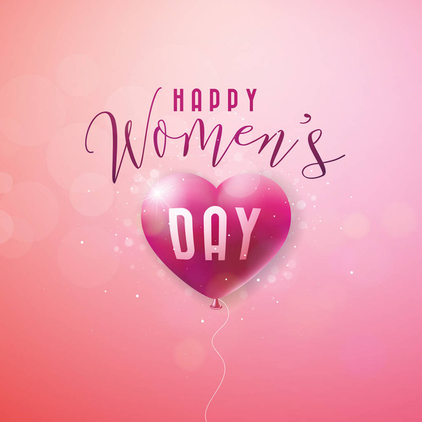 Happy Womens Day Greeting card. International Holiday Illustration with Red Balloon Heart Design on Pink Background. Vector 8 March Spring Template. - Wektor, obraz