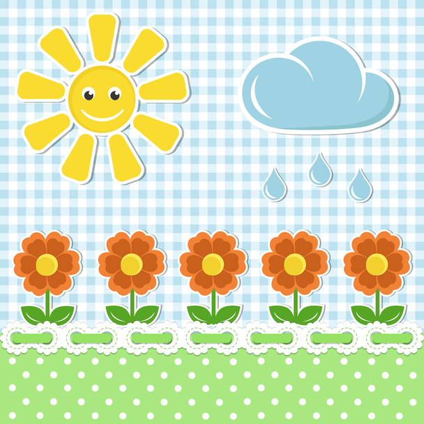 Spring fabric background with sun and flowers - ベクター画像