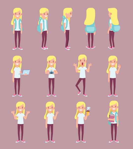Vector character in flat style for design and animation. Young girl n in different poses.  - Vector, Image