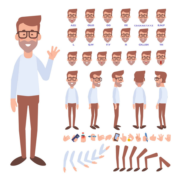 Front, oldalsó, hátsó nézet animált karakter. Csípő ember létrehozásának beállítása a különböző nézetek, arc gesztusokat és érzelmeket. Rajzfilm stílusú, lapos vektoros illusztráció. - Vektor, kép