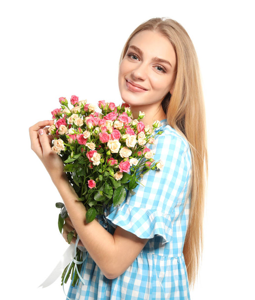 Beautiful young woman with bouquet of roses on white background - Φωτογραφία, εικόνα