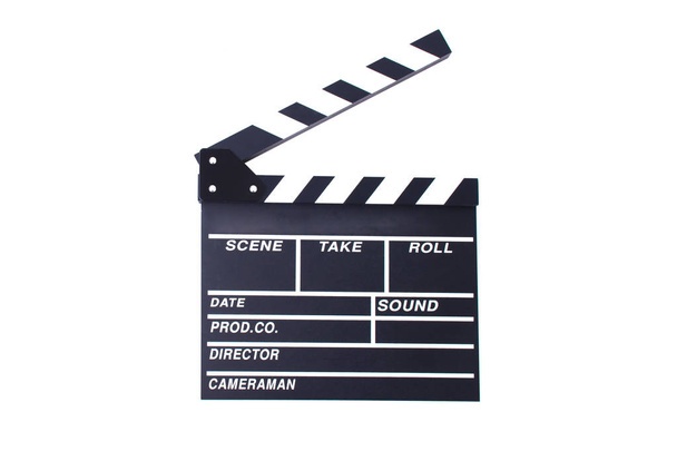 Clapperboard ή σχιστόλιθο για διευθυντή κόβουμε σκηνή σε ταινία δράσης για παιχνίδι ρόλων. Ψυχαγωγία και αντικείμενο θέμα. Δραματικός και βίντεο θέμα. Μαύρο ξύλινο σχιστόλιθο. Απομονωμένη λευκό φόντο - Φωτογραφία, εικόνα