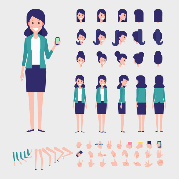 Flat Vector Business Woman character for your scenes. Character creation set with various views, hairstyles and poses. Parts of body template for design work and animation. - Vector, Image