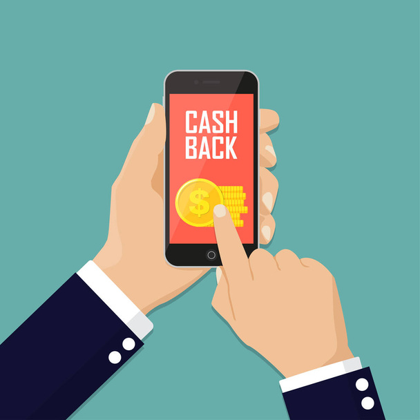 Cash back sticker, labels, emblem. Gold coins in smartphone. Cashback or money refund concept. Flat vector illustration - Vektor, Bild