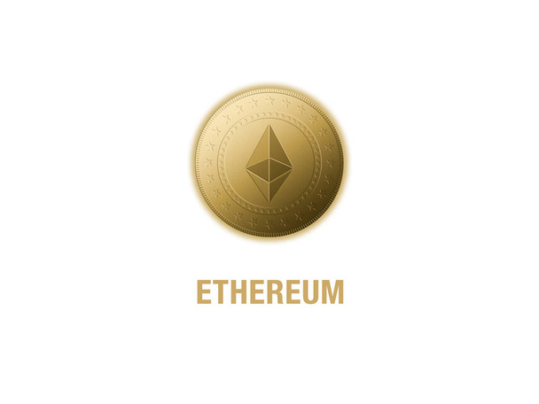 Twarz ethereum krypto waluty złotej na białym tle nad białym tle. Koncepcja wirtualnej waluty międzynarodowej - Zdjęcie, obraz