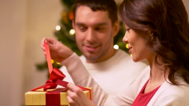 Ευτυχισμένο ζευγάρι με χριστουγεννιάτικο δώρο στο σπίτι - Πλάνα, βίντεο