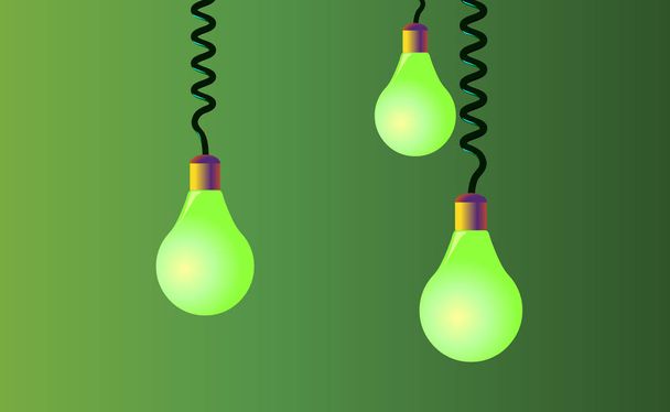 Hanging on cords three light bulbs on a green background. Vector - Vettoriali, immagini