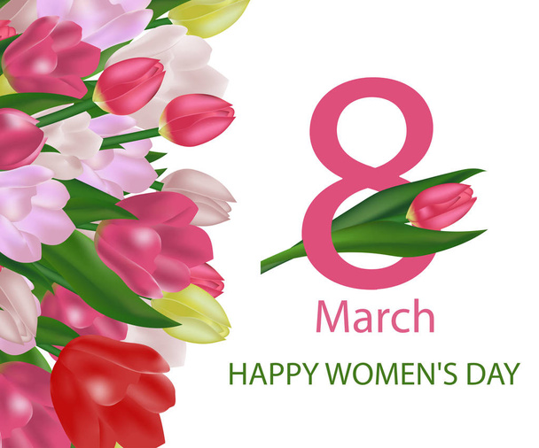 8 Mart Dünya Kadınlar Günü tebrik kartı şablonu çiçekli. Lale ile arka plan. Vektör - Vektör, Görsel