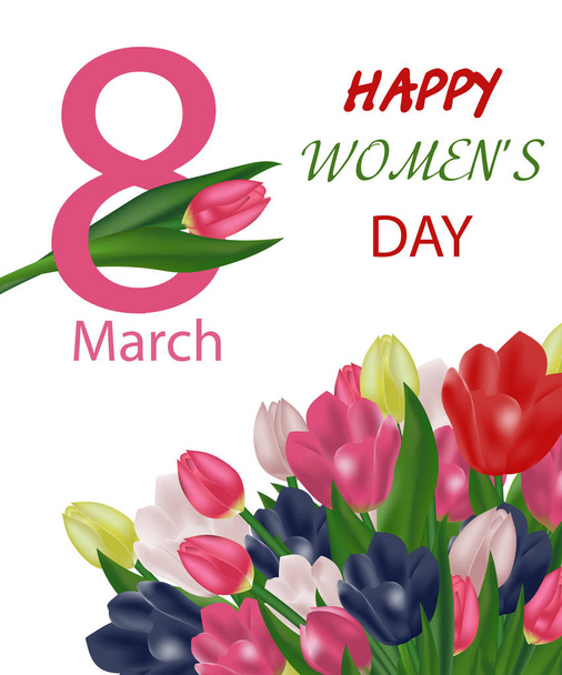March 8 International Women's Day greeting card template with flowers. Background with tulips. Vector - ベクター画像