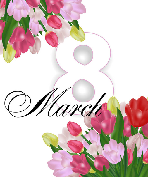 Greeting card template with flowers March 8 International Women's Day. Background with tulips. Vector - Vektör, Görsel