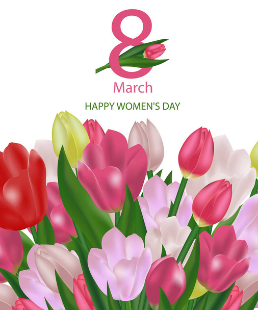 March 8 International Women's Day greeting card template with flowers. Background with tulips. Vector - Vektori, kuva