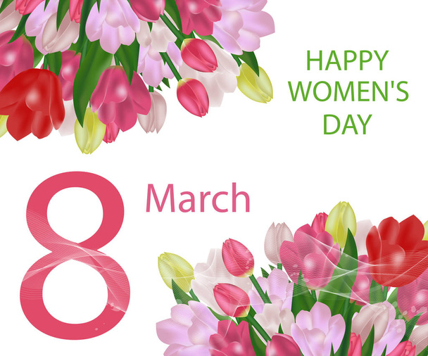 March 8 International Women's Day greeting card template with flowers. Background with tulips. Vector - Vettoriali, immagini