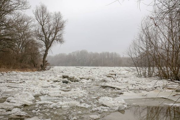 inundação de primavera, flutuações de gelo no rio
 - Foto, Imagem
