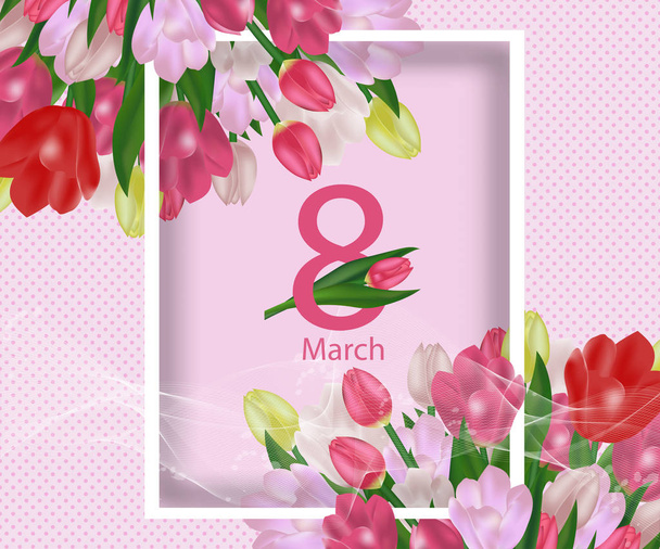 Plantilla de tarjeta de felicitación con flores 8 de marzo Día Internacional de la Mujer. Fondo con tulipanes. Vector
 - Vector, Imagen