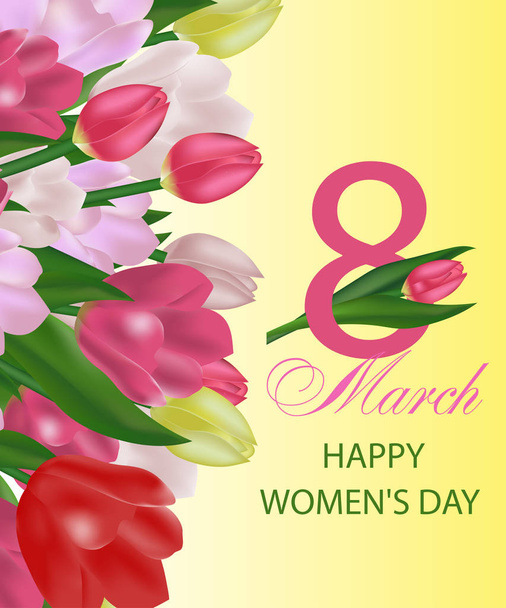 March 8 International Women's Day greeting card template with flowers. Background with tulips. Vector - ベクター画像