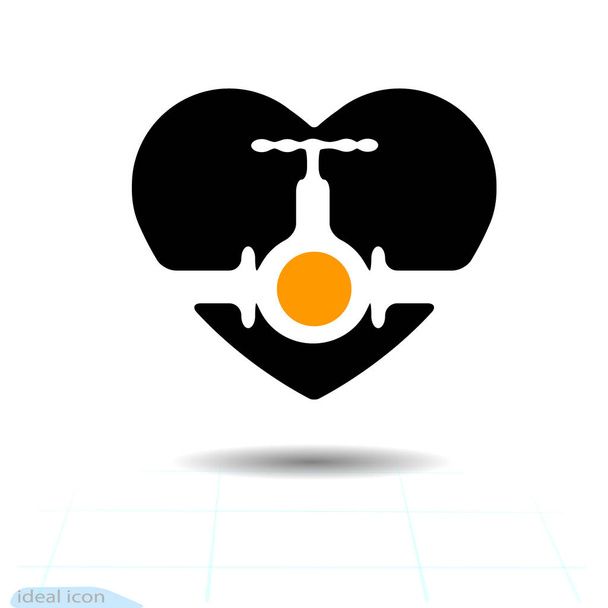 Vector black icon, Love symbol. Wheel to open closing flow in heart. Valentines day sign, emblem, Flat style for design, logo. Valve on pipe. Industry system as water, gasoline, oil, gas pipeline. - Vector, Image