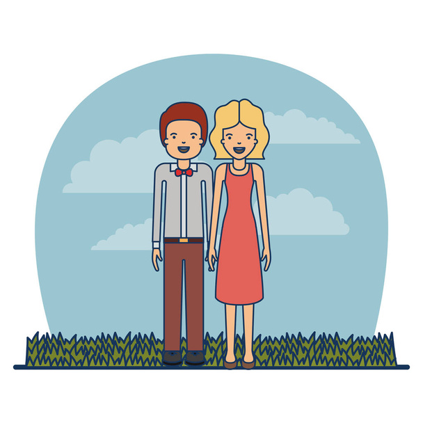 paar leraar beroep van man met snor en vrouw met blonded haar in de jurk in weide op sky landschap - Vector, afbeelding