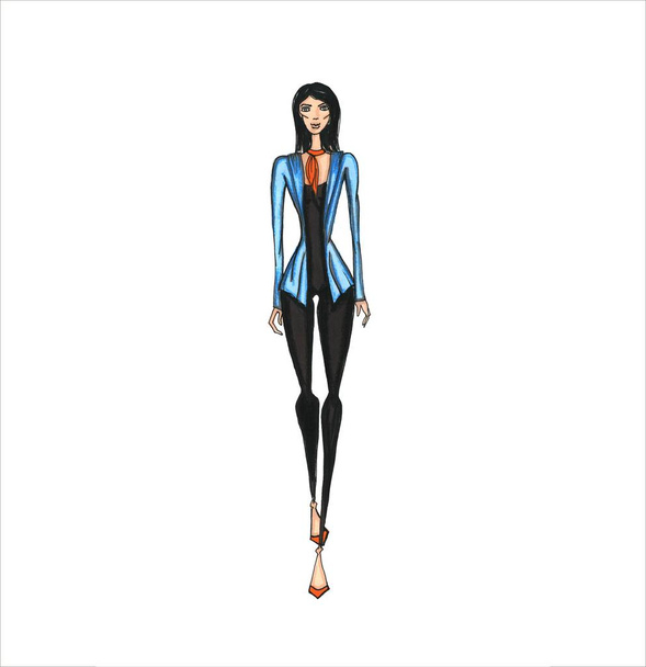 Ilustracja moda. Dziewczyna w ogólnej czarny i niebieski kurtka - Zdjęcie, obraz