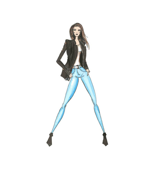 Иллюстрация векторной моды. Стильная модель. Девушка в джинсах и куртке
 - Вектор,изображение