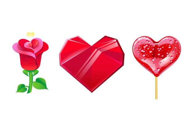 Set of romantic elements for Valentines day. Lollipop in the shape of a heart, crystal heart and rose. Vector illustration. - Вектор, зображення