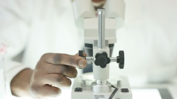 4K Close up do pesquisador médico que trabalha no laboratório olhando para o microscópio
 - Filmagem, Vídeo
