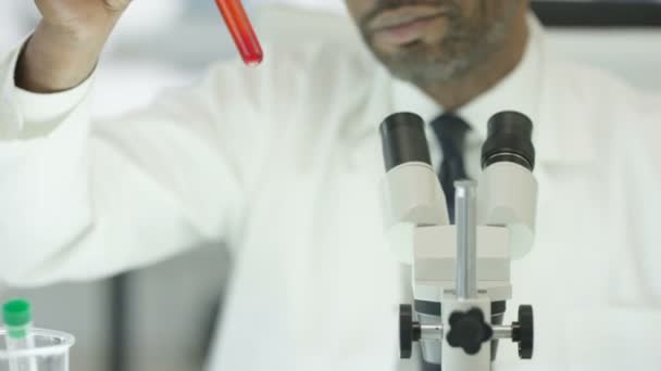 4K Close up of medical researcher working in the lab with microscope and test tubes - Séquence, vidéo