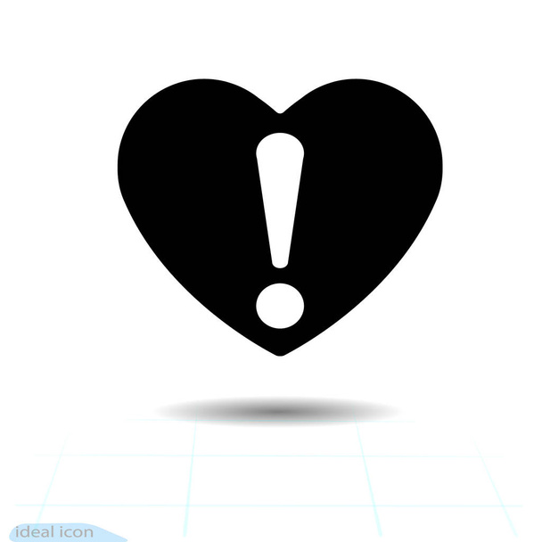 Heart vector black icon, Love symbol. exclamation mark in heart. Valentines day sign, emblem, Flat style for web design, logo. Cute danger sign. - Wektor, obraz
