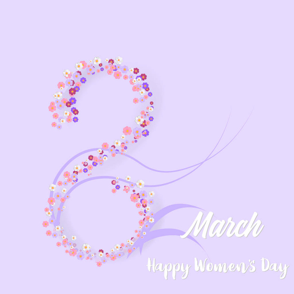 Március 8. Boldog női nap üdvözlés kártya-val szöveg kézírásos betűk rózsaszín és virágok. Vektor. - Vektor, kép