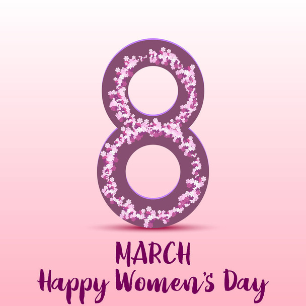 8 March. Happy Women's day greeting card with handwritten lettering pink text and flowers. Vector. - Vector, Image