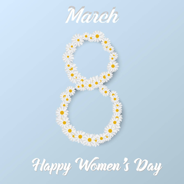 8 March. Happy Women's day greeting card with chamomile and handwritten lettering text. Vector. - Vector, Image