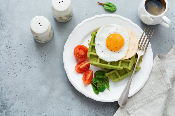 Fried egg with cheese, tomatoes, chard, and waffle with spinach on white ceramic plate on light gray concrete background. Sandwich for breakfast. Selective focus. Top view. Copy space. - Foto, imagen