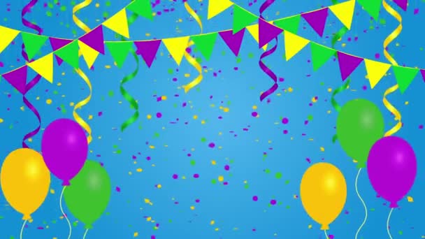 Festive carnival background with bunting flags, confetti and balloons - Footage, Video