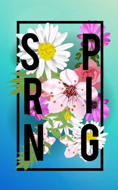 Floral Spring Graphic Design with colorful flowers for t-shirt, fashion, prints, .celebration. vector illustration - Vektör, Görsel