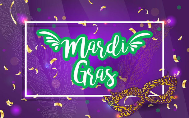 Mardi gras brochure. Vector logo with hand drawn lettering and golden fat tuesday mask. Greeting card with shining beads on traditional colors background - Vector, Image