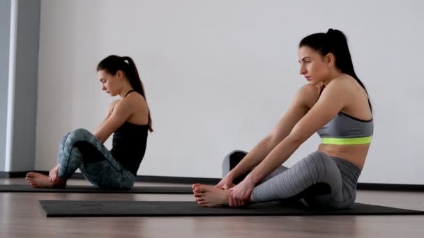 Beautiful girls perform an exercise for posture sitting in a butterfly posture. Pilates. Yoga. Deep breath. Technique of proper breathing. - Footage, Video
