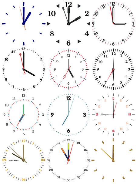 A set of different mechanical clocks with an image of each of the twelve hours - Vector, Image