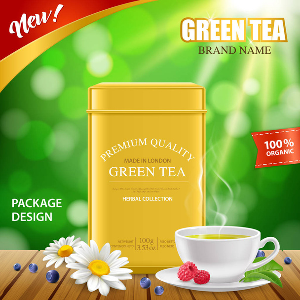 Realistic Green Tea Tin Box - Vector, Image