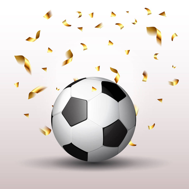 Soccer Poster with Soccer Ball and golden streamer confetti , isolated on white background. Vector illustration.  - Vektor, obrázek