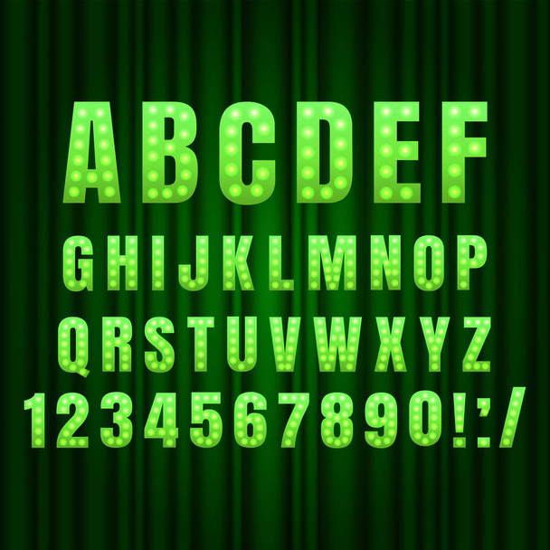 Green realistic retro light bulbs with letters font. - Vector, Imagen