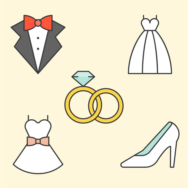 Trouwjurk, tuxedo, ringen, bruiloft schoen Gevulde omtrek pictogram - Vector, afbeelding