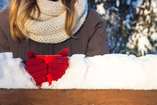Kırmızı eldiven eller kırmızı fincan sıcak çay ile tutun. Kış - Fotoğraf, Görsel