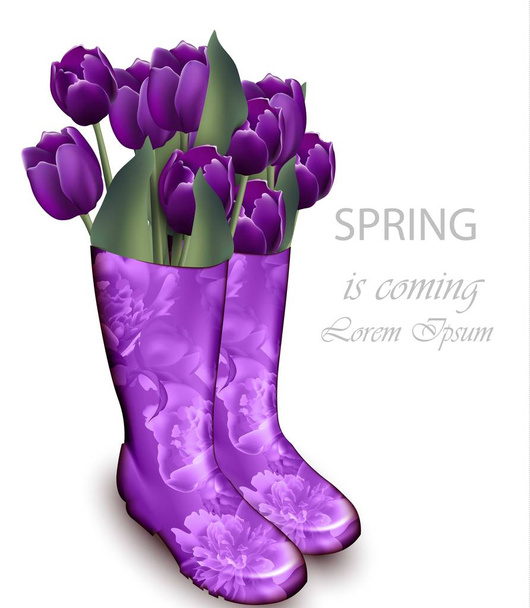 Spring background with Tulip flowers violet color and floral boots. Vector realistic illustrations - Vektor, Bild