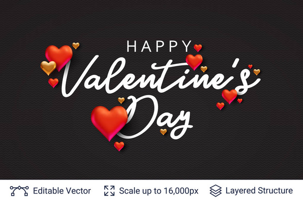 Boldog Valentin-nap-szöveg és a 3D-s szív-fekete. - Vektor, kép